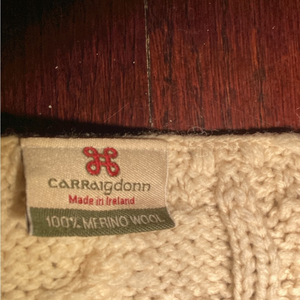 Carraigdonn 100% merino wool Cable Knit Cream Sweater size large - Picture 12 of 13